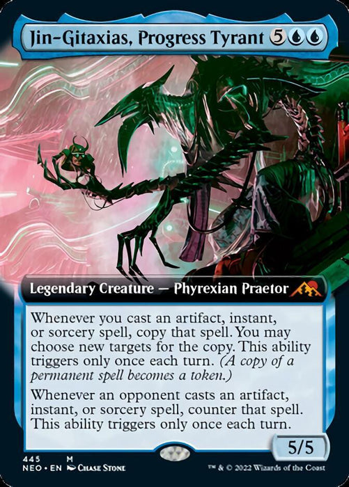 A Magic: The Gathering card titled "Jin-Gitaxias, Progress Tyrant (Extended Art) [Kamigawa: Neon Dynasty]." It is a Legendary Creature - Phyrexian Praetor with a mana cost of five colorless and two blue. This 5/5 creature can copy spells when you cast an artifact, instant, or sorcery spell. Art by Chase Stone.