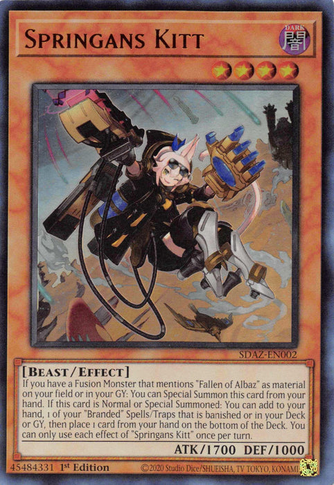A Yu-Gi-Oh! trading card from the Structure Deck: Albaz Strike titled "Springans Kitt [SDAZ-EN002] Ultra Rare." This Dark type Beast/Effect Monster features a humanoid feline in futuristic armor wielding a laser gun. It boasts 1700 ATK and 1000 DEF. Detailed game text and the card number SDAZ-EN002 are also visible.