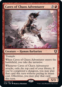 Magic: The Gathering Caves of Chaos Adventurer [Commander Legends: Battle for Baldur's Gate] card. The card has a red border and costs 3 generic mana and 1 red mana to cast. It features a Human Barbarian creature with 5 power and 3 toughness, depicted in the artwork as a fierce, battle-ready human wielding weaponry.