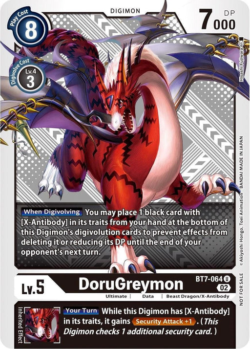 A trading card named DoruGreymon [BT7-064] (Winner Pack Xros Encounter) from the Digimon Next Adventure Promos series showcases a red and white, winged Beast Dragon/X-Antibody with sharp claws and metallic armor. This Level 5 Digimon promo card features a Play Cost of 8, DP of 7000, and has abilities labeled "When Digivolving" and "Your Turn.