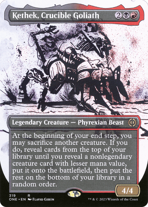 A Magic: The Gathering card from Phyrexia: All Will Be One featuring Kethek, Crucible Goliath (Borderless Ichor) [Phyrexia: All Will Be One], a Legendary Creature with the Phyrexian Beast subtype. The card has a casting cost of 2 red/black hybrid and 2 colorless, an ability text box, an illustration of a beast with tentacles, and power/toughness of 4.