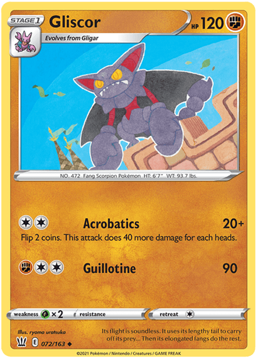 A Gliscor (072/163) [Sword & Shield: Battle Styles] from the Pokémon series. Gliscor is depicted as a flying scorpion with a purple body, red eyes, and large pincers against a night sky backdrop. With 120 HP, it boasts two moves: Acrobatics (20+ damage) and Guillotine (90 damage). The card has a yellow border and detailed stats.