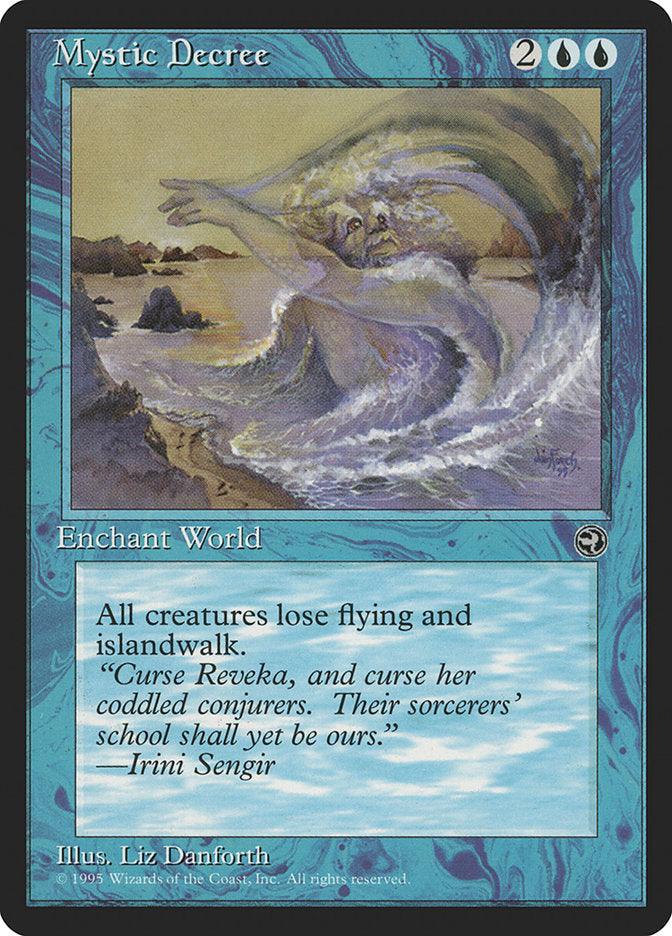 The image is of a Magic: The Gathering card titled "Mystic Decree [Homelands]." It features a blue border and requires 2 blue and 2 colorless mana. The card's artwork, by Liz Danforth, shows an ethereal figure summoning a vortex. This World Enchantment states, "All creatures lose flying and islandwalk.