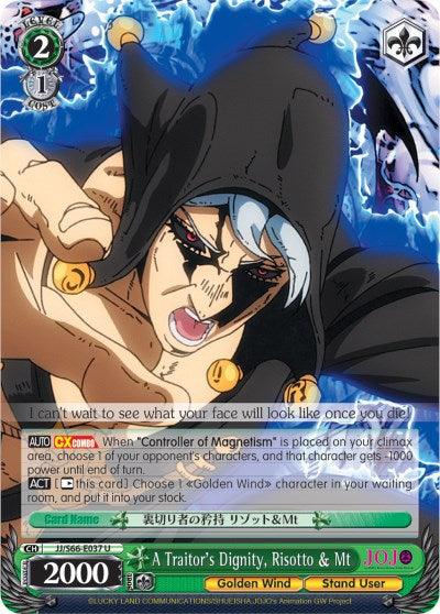 A trading card features a Stand User from JoJo's Bizarre Adventure: Golden Wind, wearing a dark hooded cloak with yellow circular accents. The character makes menacing gestures with raised hands and sharp, pointed nails. With an intense expression, dark hair, and a muscular build, the bottom of the card contains various stats and text. This specific card is known as 