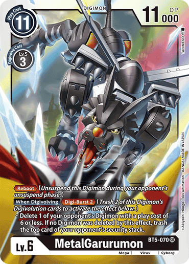 A Digimon card featuring the Super Rare MetalGarurumon [BT5-070] [Battle of Omni] from the Battle of Omni set. The card displays detailed artwork of a metallic, wolf-like creature with wings and weaponry, alongside its stats: Play Cost 11, Digivolve Cost Lv. 5-3, 11000 DP. Includes abilities like Reboot and When Digivolving effects. The card identifier is BT