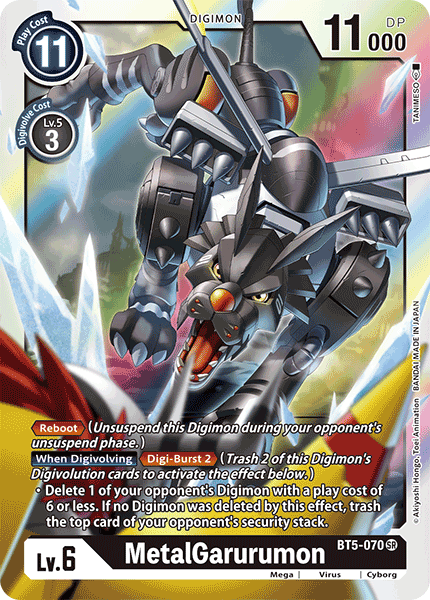 A Digimon card featuring the Super Rare MetalGarurumon [BT5-070] [Battle of Omni] from the Battle of Omni set. The card displays detailed artwork of a metallic, wolf-like creature with wings and weaponry, alongside its stats: Play Cost 11, Digivolve Cost Lv. 5-3, 11000 DP. Includes abilities like Reboot and When Digivolving effects. The card identifier is BT