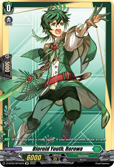 Introducing the Bushiroad special parallel trading card from the Triumphant Return of the Brave Heroes series: "Bioroid Youth, Rorowa" (D-BT05/SP45EN). This character is designed with green hair and a stylish green and white outfit, adorned with leafy, forest-like elements. The card features impressive stats including power 6000 and critical 1, all highlighted by vibrant colors along its border.