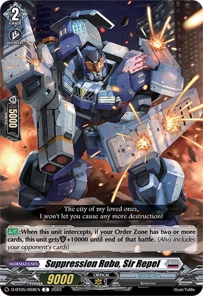 The image displays a trading card named "Suppression Robo, Sir Repel (D-BT05/068EN) [Triumphant Return of the Brave Heroes]" from Bushiroad. The card showcases a large, armored Battleroid wielding a weapon amidst explosive action. Part of the Brandt Gate set, Triumphant Return of the Brave Heroes, it boasts 9000 power and 1 critical value. The text box elaborates on its enhanced ability under specific conditions.