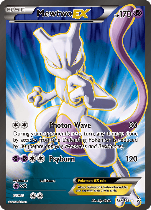 A Pokémon trading card depicting Mewtwo EX (157/162) [XY: BREAKthrough] from the Pokémon set. Mewtwo, a psychic, bipedal, feline-like Pokémon with a long tail, is in a dynamic pose. The Ultra Rare card has 170 HP and two attacks: Photon Wave and Psyburn. Features include retreat cost, Pokémon-EX rule, and resistance. Illustration by Ryo Ueda.