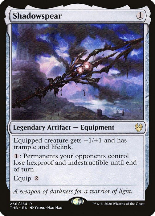 The image is a Magic: The Gathering product named Shadowspear [Theros Beyond Death]. It shows a dark, jagged spear with a glowing pink orb at its head. The card is a Legendary Artifact - Equipment with mana cost 1 and can be equipped for 2 mana. It grants bonuses to equipped creatures and removes opponent's protection abilities.