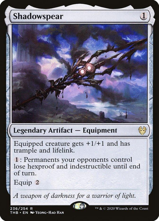 The image is a Magic: The Gathering product named Shadowspear [Theros Beyond Death]. It shows a dark, jagged spear with a glowing pink orb at its head. The card is a Legendary Artifact - Equipment with mana cost 1 and can be equipped for 2 mana. It grants bonuses to equipped creatures and removes opponent's protection abilities.