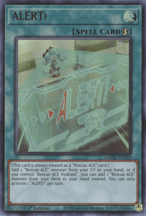 A Yu-Gi-Oh! card titled "ALERT! [AMDE-EN010] Ultra Rare" with a holographic design. The artwork shows a blue control panel with "ALERT!" displayed in red. A robotic figure with red accents is next to the panel. The 1st Edition Quick-Play Spell card is an Ultra Rare from the "Rescue-ACE" series by Yu-Gi-Oh!.