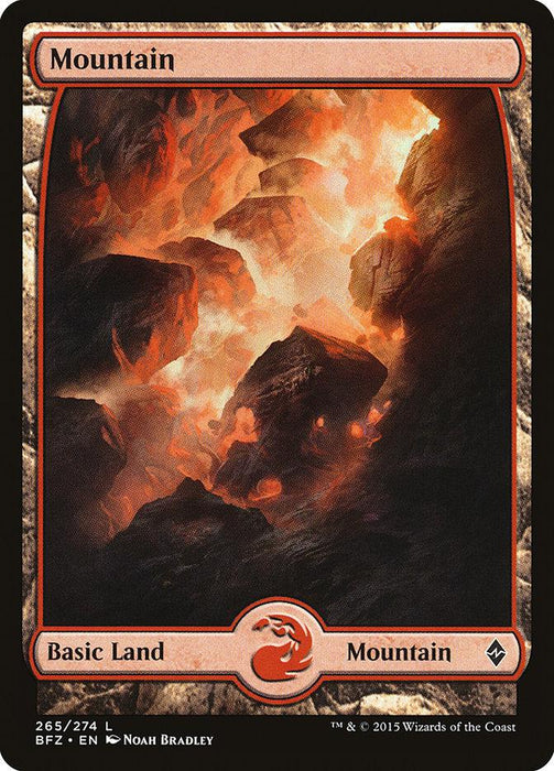 A Magic: The Gathering card titled "Mountain (265) [Battle for Zendikar]." The artwork depicts a rugged, fiery landscape with molten lava flowing between dark rocks. The card's borders are red, and the symbol of a mountain is at the bottom center. This Basic Land card from Battle for Zendikar includes the set number and artist credit at the bottom left.