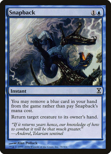 A "Snapback" card from Magic: The Gathering's "Time Spiral" set features artwork of a creature with prominent claws and teeth, emerging from swirling clouds. With a blue border, it requires one blue mana and one colorless mana to cast. This instant spell allows you to exile a blue card from your hand in order to return a creature to its owner's hand.