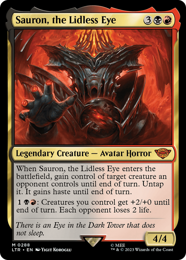 A "Magic: The Gathering" card featuring 'Sauron, the Lidless Eye [The Lord of the Rings: Tales of Middle-Earth]' from The Lord of the Rings. This Mythic Legendary Creature's illustration depicts a dark and menacing figure with a fiery eye. It costs 3 colorless, 1 red, and 1 black mana, has a power/toughness of 4/4, and includes special abilities involving control.