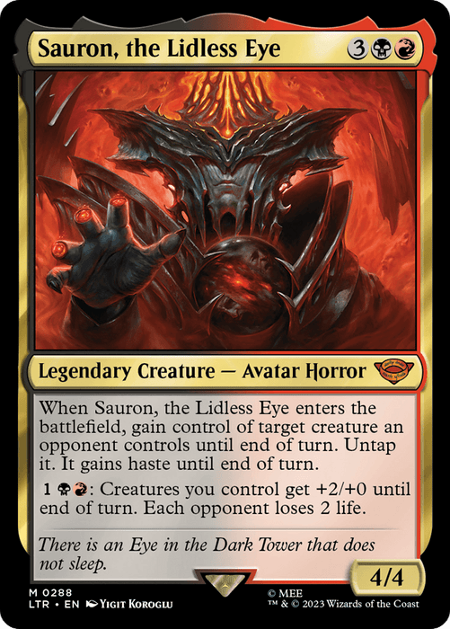 A "Magic: The Gathering" card featuring 'Sauron, the Lidless Eye [The Lord of the Rings: Tales of Middle-Earth]' from The Lord of the Rings. This Mythic Legendary Creature's illustration depicts a dark and menacing figure with a fiery eye. It costs 3 colorless, 1 red, and 1 black mana, has a power/toughness of 4/4, and includes special abilities involving control.