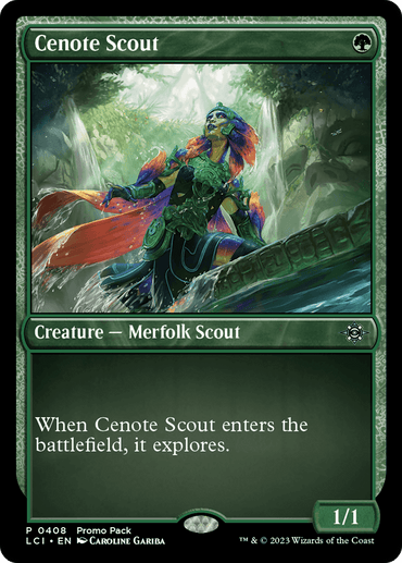 The Magic: The Gathering card named "Cenote Scout [The Lost Caverns of Ixalan Promos]" features a merfolk scout adorned with green and blue skin, radiant orange and purple hair, and armor made of leaves. It wields a staff while standing in the lush, mystical jungle of the Lost Caverns of Ixalan. The card's text states: "When Cenote Scout enters the battlefield, it explores." This green card possesses a power/toughness rating.