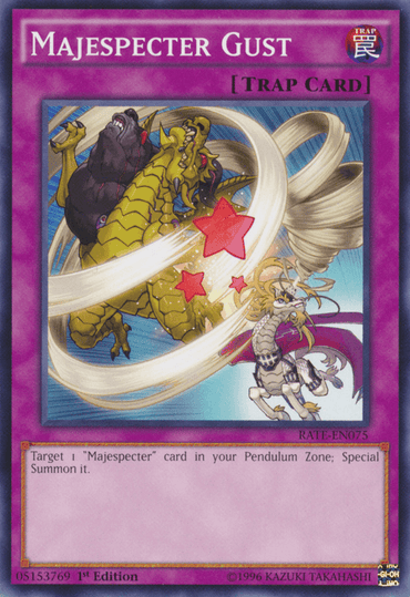 The image showcases the "Majespecter Gust [RATE-EN075] Common" Yu-Gi-Oh! trap card, depicting a creature with golden scales and wings surrounded by swirling winds and red stars. A smaller sorcerer appears to be conjuring these gusts over the purple-bordered Pendulum Zone.