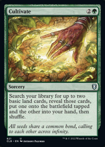 The Magic: The Gathering card "Cultivate" from the Commander Legends: Battle for Baldur's Gate set depicts a hand nurturing plants under a radiant glow. This sorcery card costs 2 generic mana and one green mana, allowing players to search their library for two basic land cards, put one onto the battlefield tapped, and add the other to their hand.