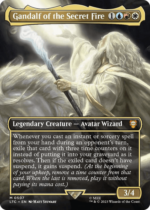 The image is of a Magic: The Gathering card named "Gandalf of the Secret Fire (Borderless) [The Lord of the Rings: Tales of Middle-Earth Commander]." The card features an illustration of a robed Gandalf casting a radiant spell. It is a Legendary Creature - Avatar Wizard, perfect for Commander decks. It costs 1 blue, 1 red, and 1 white mana and has power/toughness.