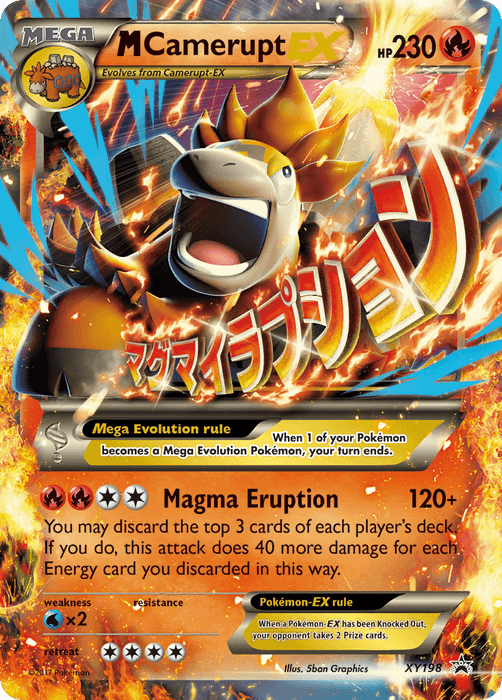 A Pokémon M Camerupt EX (XY198) [XY: Black Star Promos] trading card displaying Mega Camerupt EX with 230 HP, adorned with fiery and volcanic imagery. Key details include the Magma Eruption attack, dealing 120+ damage, and weaknesses to Water type. The card is from the XY series, number 198 Promo Black Star Promos, indicated at the bottom.