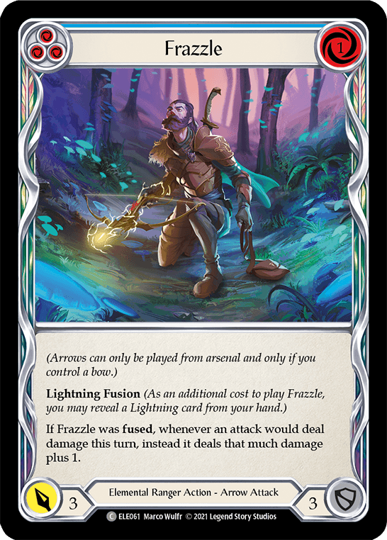 A fantasy trading card titled "Frazzle (Blue) [ELE061] (Tales of Aria) 1st Edition Rainbow Foil" from the Flesh And Blood set features an Elemental Ranger aiming a glowing blue arrow in a forest. The card description details the abilities “Lightning Fusion” and enhanced damage if fused. Rainbow foil borders with red and silver accents frame the stats at the bottom.