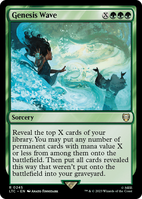 A Magic: The Gathering card titled "Genesis Wave [The Lord of the Rings: Tales of Middle-Earth Commander]." It is a green sorcery with a casting cost of X and three green mana. This card's effect lets the player reveal the top X cards of their library and put permanent cards with mana value X or less onto the battlefield, much like an epic tale from The Lord of the Rings.