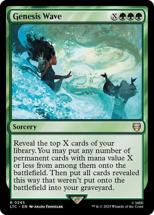 A Magic: The Gathering card titled "Genesis Wave [The Lord of the Rings: Tales of Middle-Earth Commander]." It is a green sorcery with a casting cost of X and three green mana. This card's effect lets the player reveal the top X cards of their library and put permanent cards with mana value X or less onto the battlefield, much like an epic tale from The Lord of the Rings.