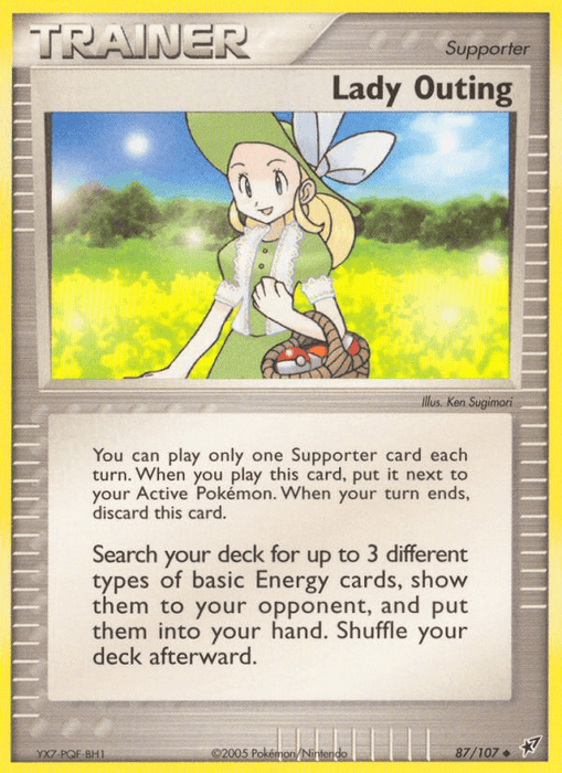 A Pokémon Trainer Supporter card titled "Lady Outing (87/107) [EX: Deoxys]" from the Pokémon brand, featuring an illustration of a smiling young woman in a green and white dress, holding a basket of Poké Balls. The uncommon card text instructs the user to search their deck for three different types of basic Energy cards to add to their hand.