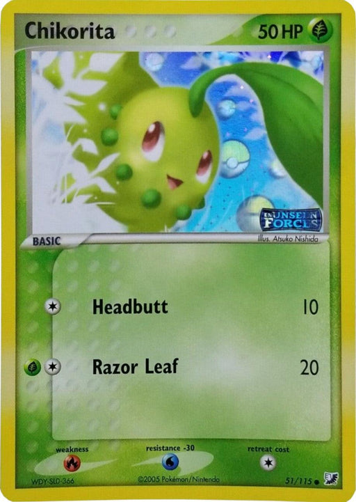 A Pokémon Chikorita (51/115) (Stamped) [EX: Unseen Forces] trading card featuring Chikorita with 50 HP, depicted as a green leaf-like creature with a happy expression. Its moves are "Headbutt" (10 damage) and "Razor Leaf" (20 damage). The card, numbered 51/115, is from the EX Unseen Forces series and illustrated by Atsuko Nishida.