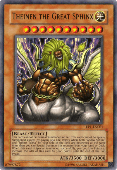 A Yu-Gi-Oh! trading card featuring "Theinen the Great Sphinx [EP1-EN001] Ultra Rare," an Effect Monster from the Movie Exclusive Pack. The card displays a mythical beast with green hair, large wings, a muscular humanoid body, and lion-like features. The text describes its attributes, abilities, and summon conditions. The card has 3500 ATK and 3000 DEF.