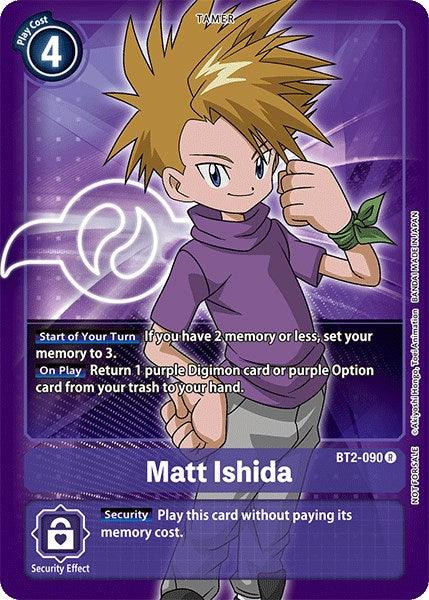 The Digimon Matt Ishida [BT2-090] trading card from the Official Tournament Pack Vol.3, produced by Digimon, features Matt Ishida illustrated with spiky blond hair, wearing a purple shirt and blue pants. The card has a purple background with "Play Cost 4" in the top left corner and "BT2-090 C" at the bottom. Various game instructions are also present on the card.