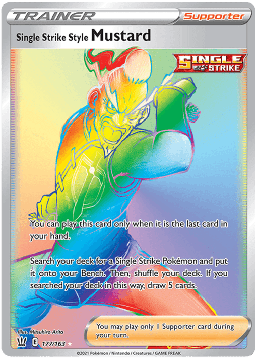 A Pokémon trading card of "Single Strike Style Mustard (177/163) [Sword & Shield: Battle Styles]" from the Pokémon set. The card features an illustration of a vibrant character in a martial arts pose. This Secret Rare card details its abilities: it can be played when it's the last card in hand, searches the deck for a Single Strike Pokémon, and draws five cards.