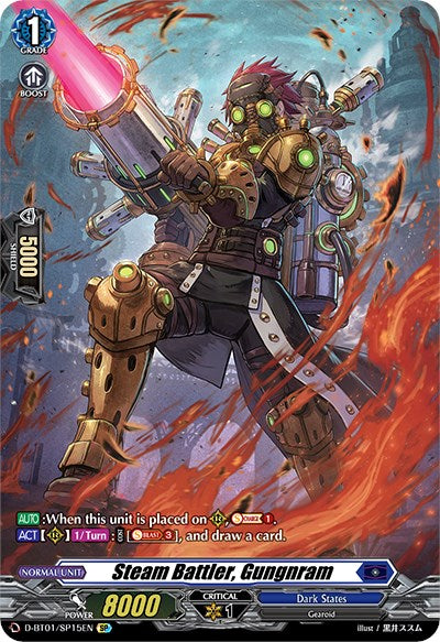 The trading card "Steam Battler, Gungnram (D-BT01/SP15EN) [Genesis of the Five Greats]" by Bushiroad features a steam-powered cyborg wielding a large glowing weapon. The character is decked out in bronze-colored armor adorned with gears, tubes, and glowing green lights. This card boasts stats including a power of 8000 and a critical of 1, with various ability descriptions detailed in the background.