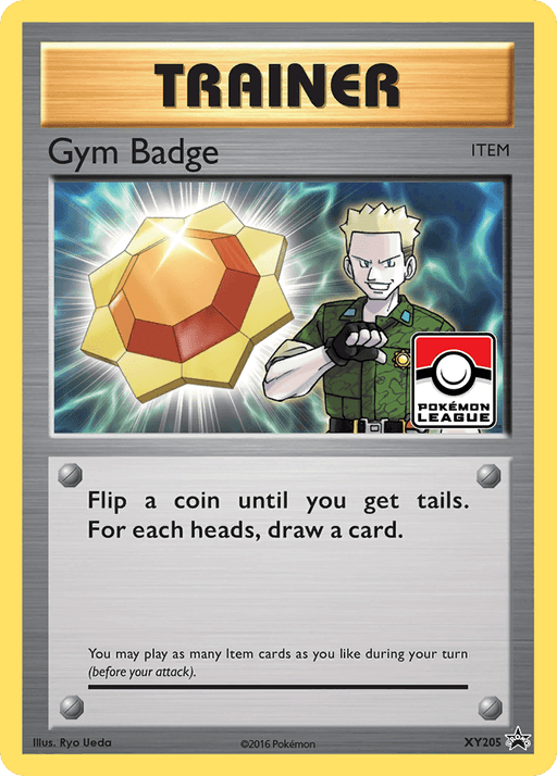 A Pokémon Trainer card titled "Gym Badge (XY205) (Lt. Surge) [XY: Black Star Promos]". The card features an image of a badge shaped like an angular orange gemstone. A character wearing a green outfit is shown on the right. The card text reads, "Flip a coin until you get tails. For each heads, draw a card." A Pokémon League logo and Black Star Promos designation are present.
