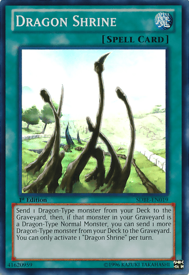 The image is of the "Dragon Shrine [SDBE-EN019] Super Rare" Spell Card from the Yu-Gi-Oh! trading card game. Featured in many Structure Decks, this card depicts a mystical shrine formed by numerous Dragon-Type monster skeletons curving upwards toward the sky. It has a blue-green frame and detailed rules text describing its effect.