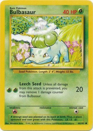 An image of a Bulbasaur (44/102) [Base Set Unlimited] Pokémon card. The yellow-bordered card features Bulbasaur with 40 HP in the top right corner, standing on a grassy field with its signature bulb on its back. As a Grass Type with Common Rarity, it lists "Leech Seed" as an attack dealing 20 damage. Text below includes weaknesses, resistance, and other details.