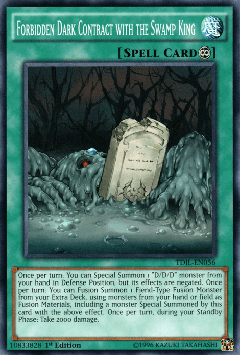 A "Yu-Gi-Oh!" Continuous Spell card titled "Forbidden Dark Contract with the Swamp King [TDIL-EN056] Common" shows ghostly figures emerging from a swamp, reaching towards a glowing green contract. Two weathered tombstones are partially submerged in the murky water, while eerie fog envelops the entire scene.