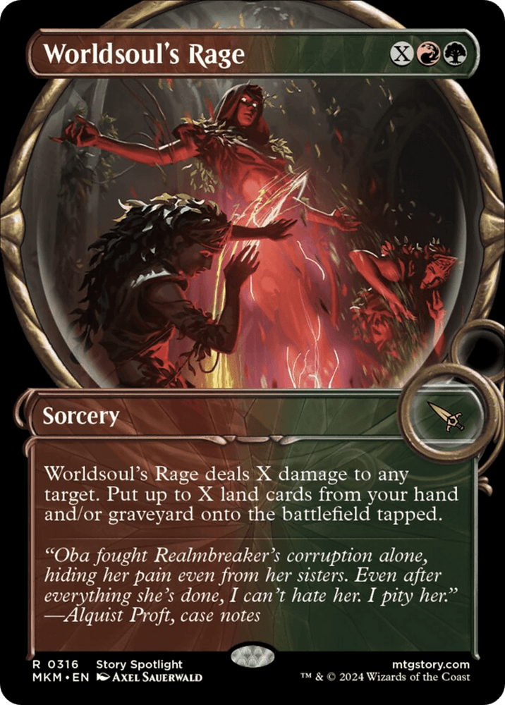 The image is a Magic: The Gathering card named "Worldsoul's Rage (Showcase) [Murders at Karlov Manor]". It depicts a powerful sorcery card showing an enraged figure surrounded by fire and earth, casting a spell, with another figure wreathed in vines. Below, the card text details the spell's damage and land effects.