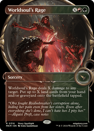 The image is a Magic: The Gathering card named "Worldsoul's Rage (Showcase) [Murders at Karlov Manor]". It depicts a powerful sorcery card showing an enraged figure surrounded by fire and earth, casting a spell, with another figure wreathed in vines. Below, the card text details the spell's damage and land effects.