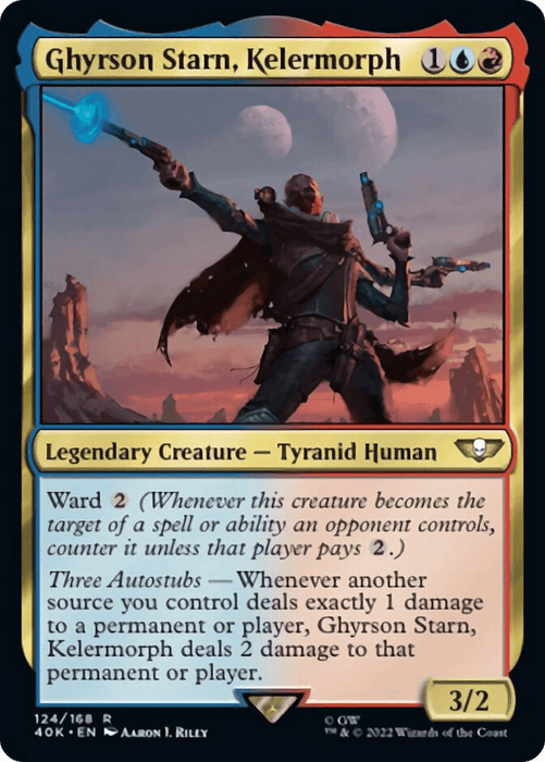 A Magic: The Gathering card, "Ghyrson Starn, Kelermorph [Warhammer 40,000]," shows an armored figure aiming a gun. The card's gold border indicates a rare Legendary Creature, with blue and red mana symbols at the top right. The text describes its abilities, such as "Ward 2" and "Three Autostubs," and it has a power/toughness of 3/