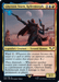A Magic: The Gathering card, "Ghyrson Starn, Kelermorph [Warhammer 40,000]," shows an armored figure aiming a gun. The card's gold border indicates a rare Legendary Creature, with blue and red mana symbols at the top right. The text describes its abilities, such as "Ward 2" and "Three Autostubs," and it has a power/toughness of 3/