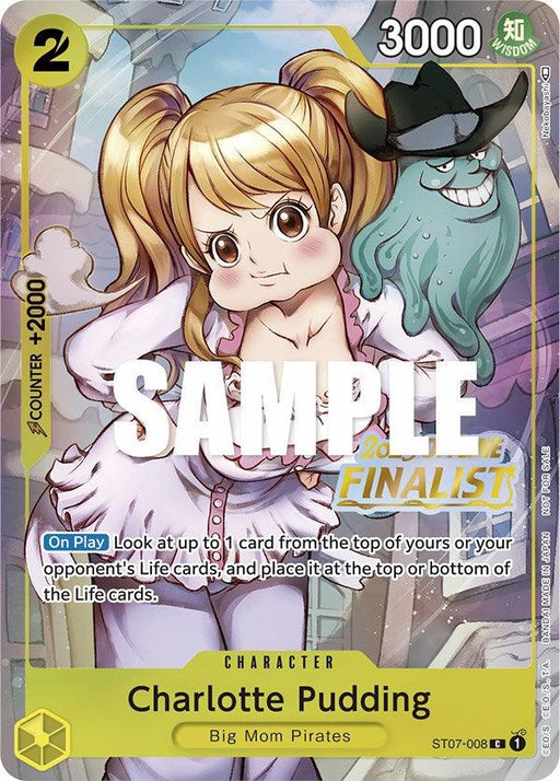 A trading card featuring "Charlotte Pudding" from the "Big Mom Pirates." She has long hair tied in pigtails, wears a pink dress, and holds a mysterious object wrapped in cloth. The Bandai Charlotte Pudding (Offline Regional 2023) [Finalist] [One Piece Promotion Cards] display "Sample" and "Finalist" text, 3000 power, and a cost of 2. An ability description is shown below.