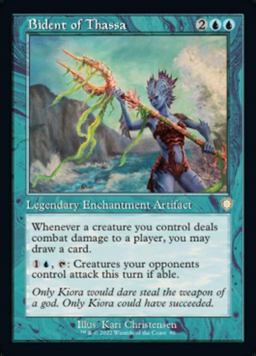 A Magic: The Gathering card named "Bident of Thassa (Retro) [The Brothers' War Commander]" is a Rare Legendary Enchantment Artifact, costing 2 colorless and 2 blue mana. It features a blue-skinned aquatic figure with fins and a trident. Abilities include drawing cards and forcing opponents to attack. Art by Kari Christensen.