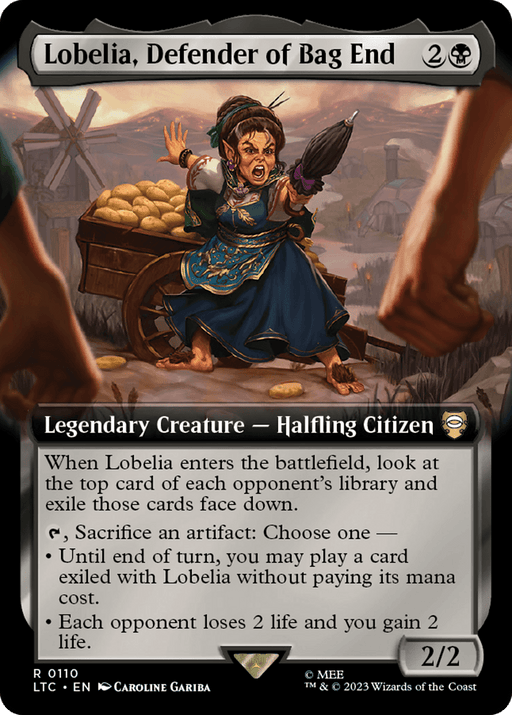 A Magic: The Gathering card featuring Lobelia, Defender of Bag End (Extended Art) [The Lord of the Rings: Tales of Middle-Earth Commander]. The card shows a halfling woman in a defiant pose, wielding a rolling pin and pushing a cart of furniture. Part of the Tales of Middle-Earth series, it's a Legendary Creature - Halfling Citizen with multiple special abilities. Cost: 2B, Power/Toughness: 2/2