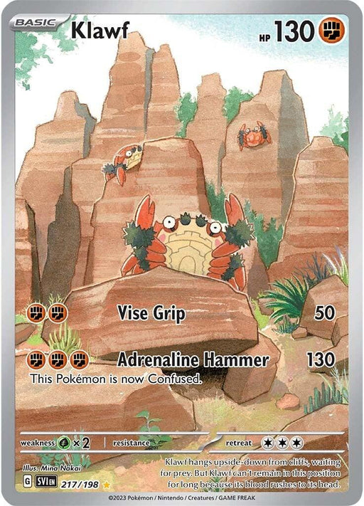 This Pokémon Klawf (217/198) [Scarlet & Violet: Base Set] card features Klawf, an illustrated crab-like creature with red claws and spikes on a rocky mountain background. Part of the Scarlet & Violet: Base Set, the card shows HP 130 at the top right, and its moves, "Vise Grip" with 50 damage and "Adrenaline Hammer" with 130 damage. The bottom description details its behavior.