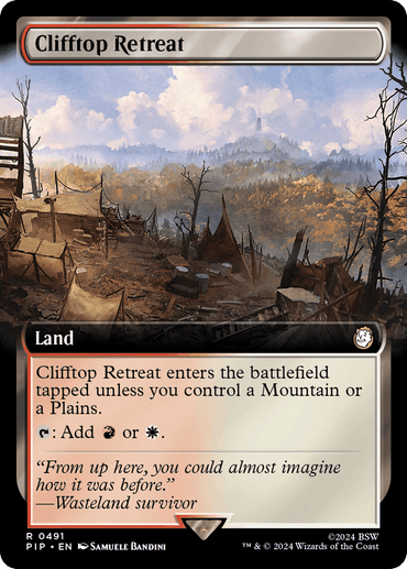 A rare trading card titled "Clifftop Retreat (Extended Art) [Fallout]" depicts a campsite on a cliff overlooking a valley with distant mountains. The cloudy sky casts a soft light. Labeled as "Land," it has abilities related to red and white mana. Flavor text reads, "'From up here, you could almost imagine how it was before.' —Wasteland survivor. This card is part of Magic: The Gathering's collection.

