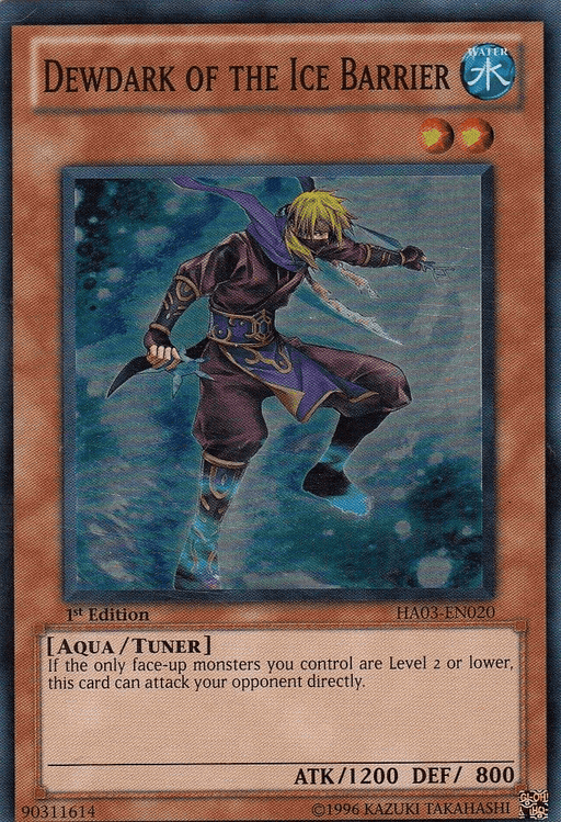 A Yu-Gi-Oh! trading card titled "Dewdark of the Ice Barrier [HA03-EN020] Super Rare," featured in Hidden Arsenal 3 as a Super Rare Tuner Monster. It depicts an anime-style character with ice powers, donning a blue and purple outfit and a glowing hand casting icy flurries. This Aqua/Tuner type card boasts ATK 1200 and DEF 800.