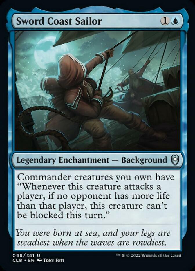 The image is a Magic: The Gathering card titled "Sword Coast Sailor [Commander Legends: Battle for Baldur's Gate]," from the Commander Legends set. It is a blue card that costs 1 blue mana and 1 colorless mana, with the type "Legendary Enchantment — Background." The artwork depicts a cloaked sailor on a ship, enhancing commander creatures' abilities.