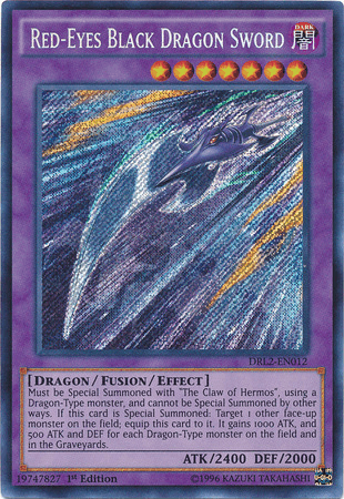 An image of the Yu-Gi-Oh! trading card "Red-Eyes Black Dragon Sword [DRL2-EN012] Secret Rare" from the Dragons of Legend 2 set. This Secret Rare card features an illustration of a dragon with red eyes and dark scales, wielding a glowing sword. The text describes the Fusion/Effect Monster’s summoning conditions, attack (2400), and defense (2000) points.